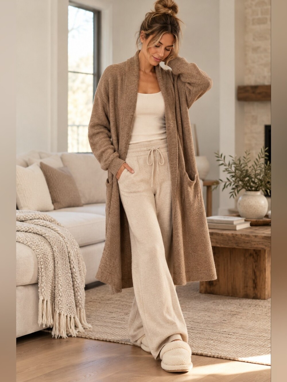 Love & Lore Wool Blend Longline Open-front Knit Cardigan Camel Tan M/L